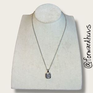 Silver Tone Necklace with Square Glass Pendant – 20” Chain
